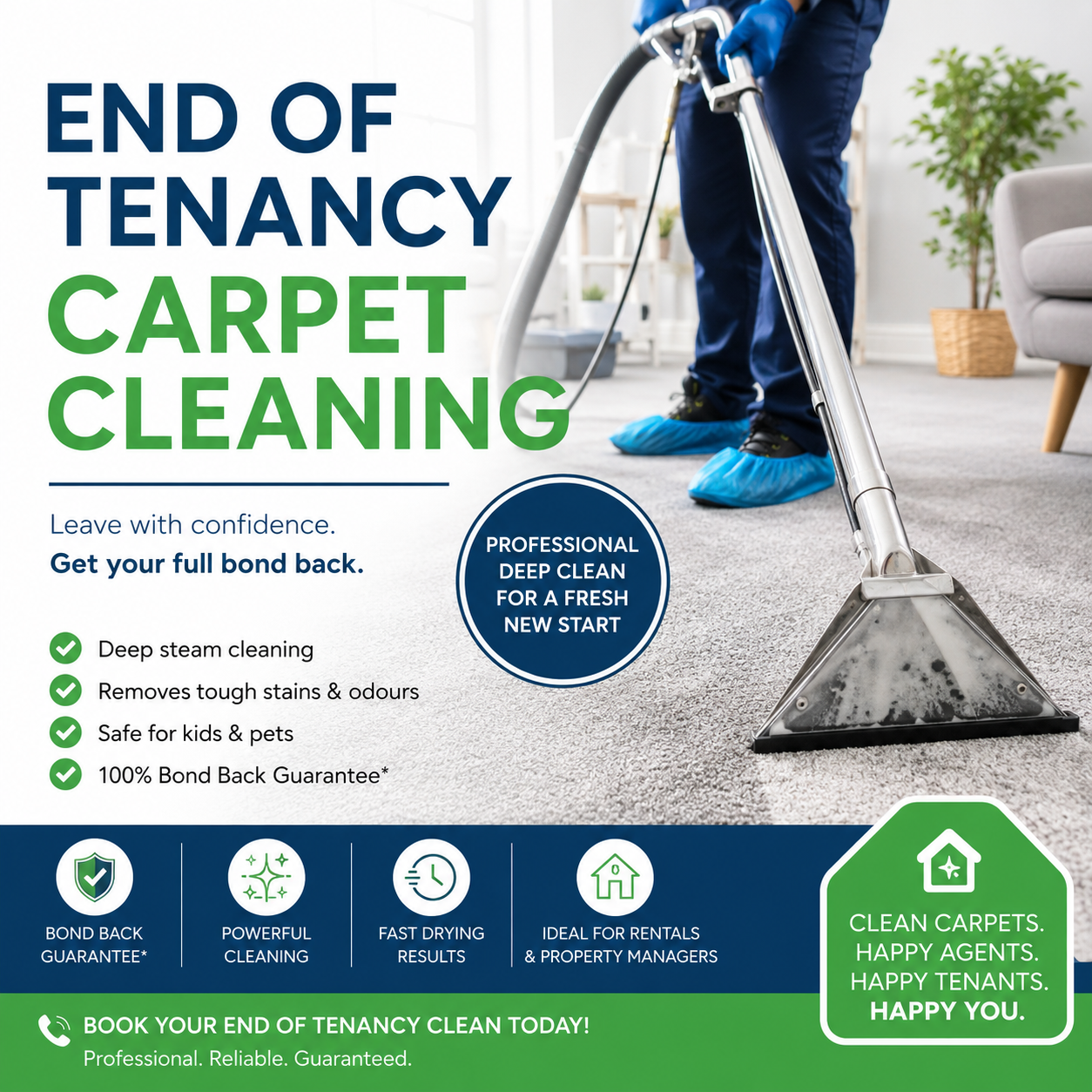 Professional carpet cleaner wearing blue uniform and blue shoe covers operating a hot water extraction steam cleaning machine on gray residential carpet. The cleaning wand is actively applying solution to the floor. The image shows a modern office or living room setting with a gray sofa and potted plant in the background. Dark blue heading text reads END OF TENANCY CARPET CLEANING. Green subheading states Leave with confidence. Get your full bond back. A circular dark blue badge displays Professional deep clean for a fresh new start. Five service icons are positioned across the bottom row showing: bond back guarantee, powerful cleaning, fast drying results, ideal for rentals and property managers. A green rounded rectangle callout on the right side states Clean carpets. Happy agents. Happy tenants. Happy you. Professional. Reliable. Guaranteed. The overall design conveys professionalism, expertise, and confidence, emphasizing quality results for tenants preparing for end of lease inspections.